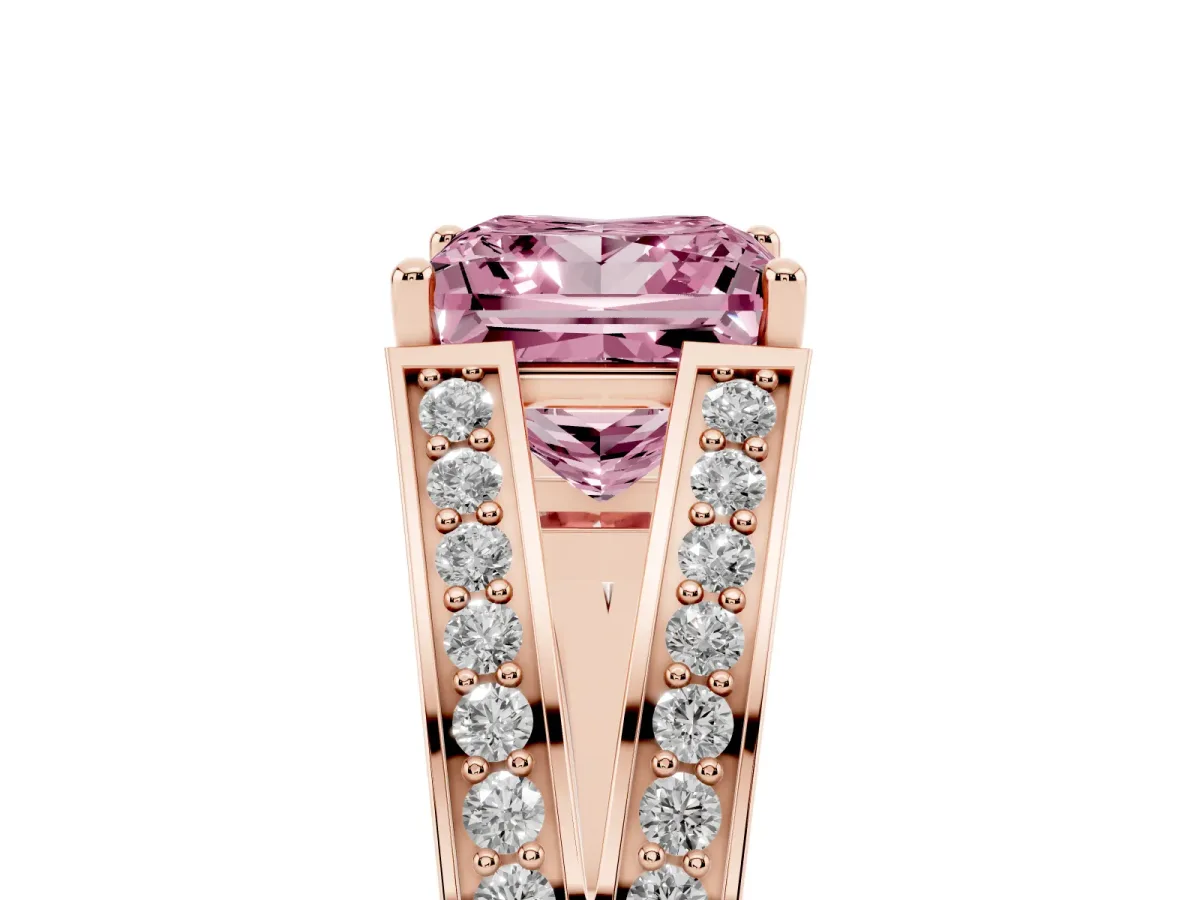 Fancy Pink Princess Cut Diamond Split Shank Ring with Pavé Band and Four-Prong Setting Rose gold