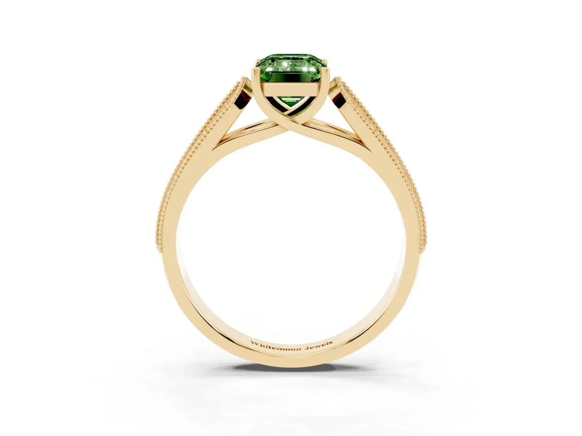 Fancy Green Emerald Cut Cut Pave Split Shank Engagement Ring with Four-Prong Setting Yellow gold