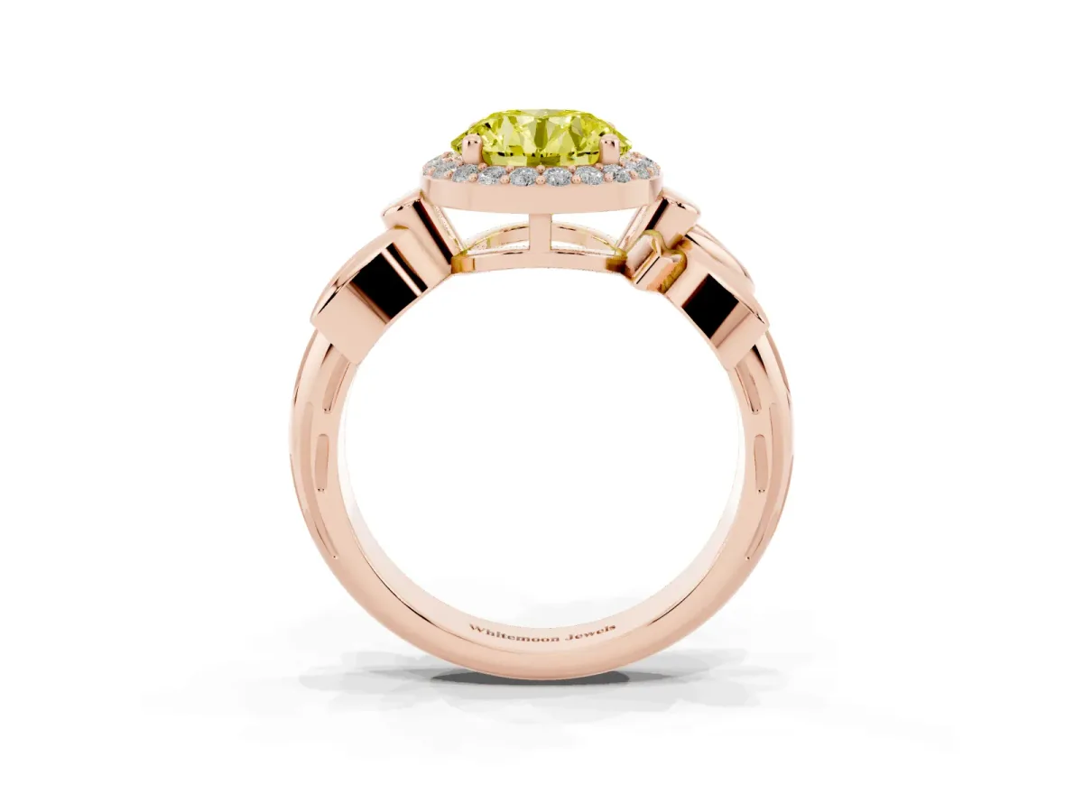 Fancy Yellow Round Cut Halo Diamond Floral Band with Four-Prong Setting Rose gold