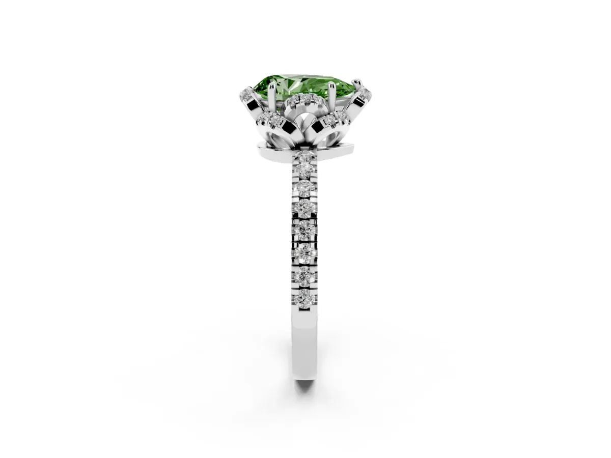 Fancy Green Pear Cut Halo Diamond Pave Band Ring with Four-Prong Setting Silver