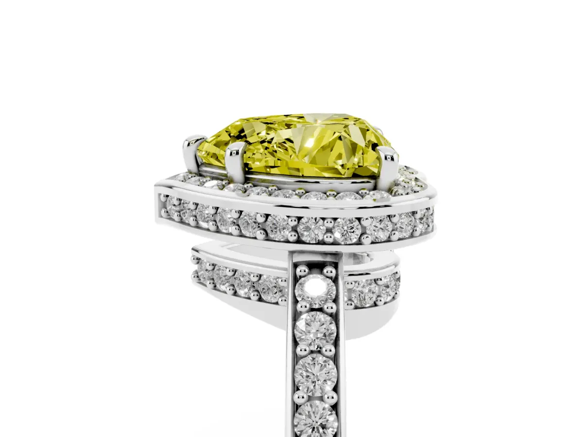 Fancy Yellow Heart Cut Halo Pave Band Solitaire Ring with Prong Setting White gold