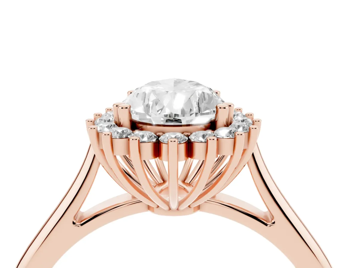 Pear Cut Cut Diamond Halo Ring with Solitaire Band and Prong Setting Rose gold