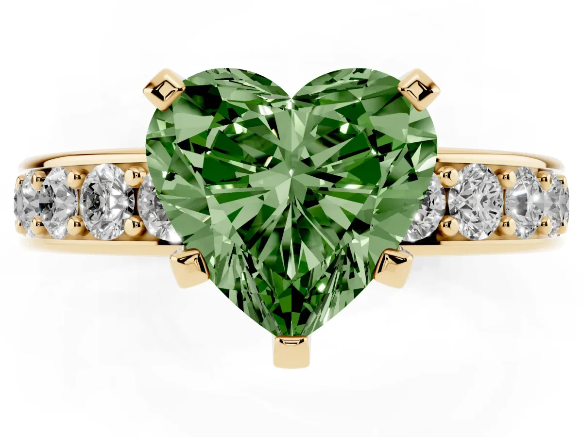 Fancy Green Heart Cut Diamond Engagement Ring with Channel Set Round Band and Prong Setting Yellow gold
