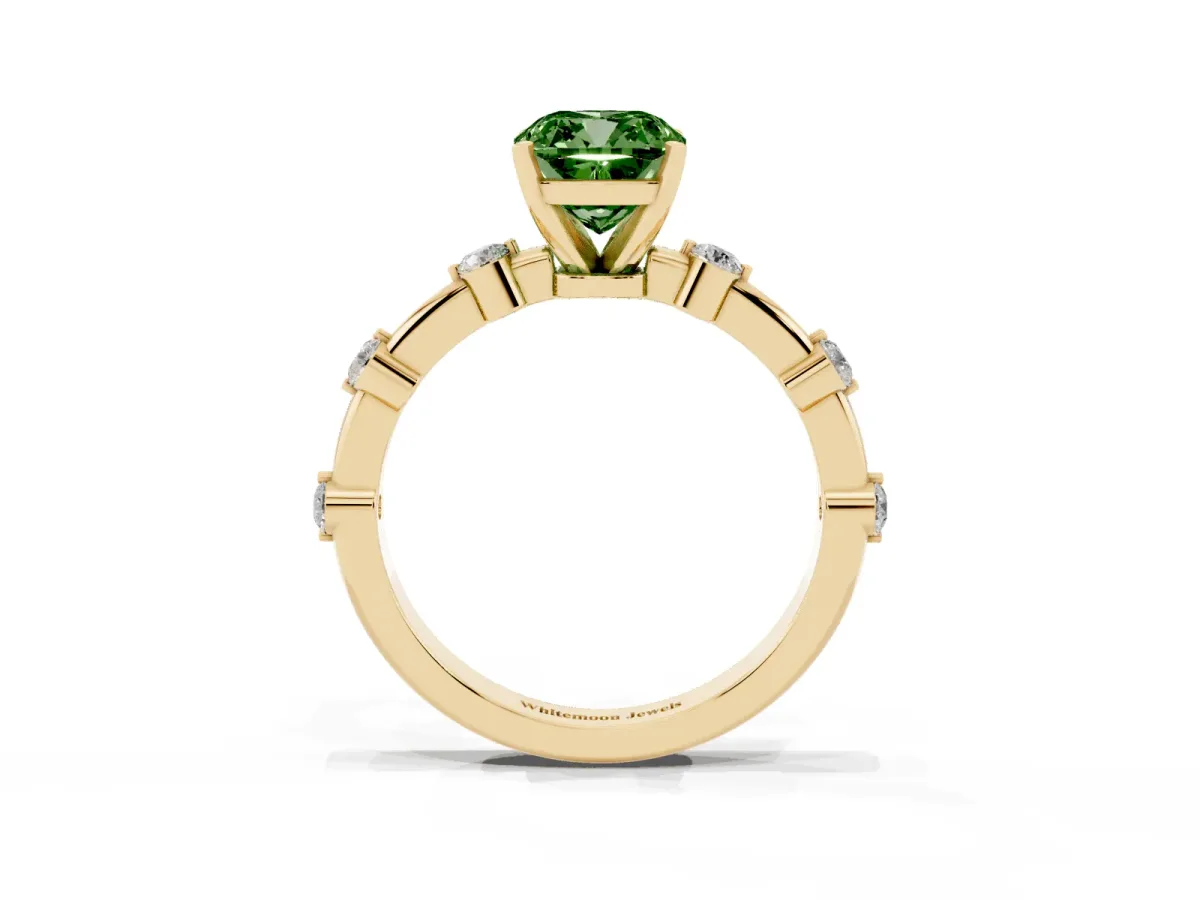 Fancy Green Cushion Cut Solitaire Diamond Ring with Bezel Set Side Stones and Prong Setting Yellow gold