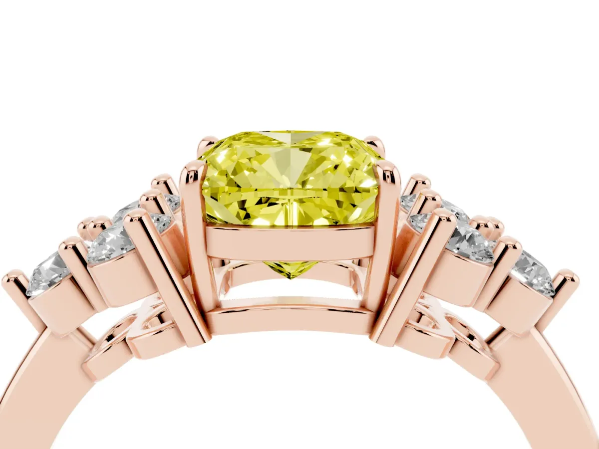 Fancy Yellow Cushion Cut Brilliant Diamond Cluster Accent Solitaire Ring with Prong Setting Rose gold
