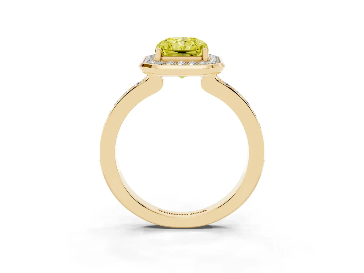 Fancy Yellow Radiant Cut Diamond Halo Ring with Bezel Frame and Pavé Band Yellow gold