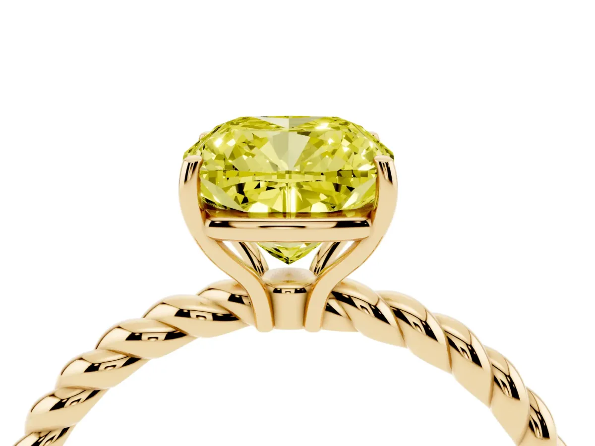 Fancy Yellow Cushion Cut Solitaire Twist Band Ring with Four-Prong Setting Yellow gold