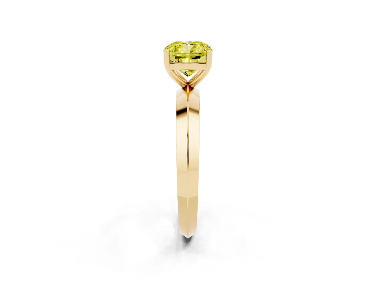 Fancy Yellow Cushion Cut Cut Solitaire Engagement Ring with Flat Band and Four-Prong Setting Yellow gold