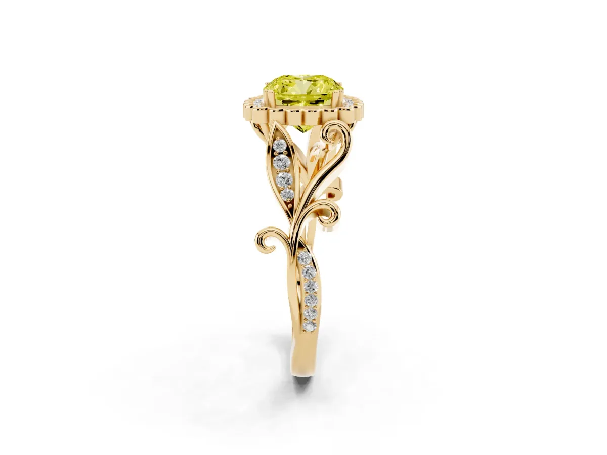 Fancy Yellow Cushion Cut Diamond Halo Ring with Vintage Split Shank and Four-Prong Setting Yellow gold