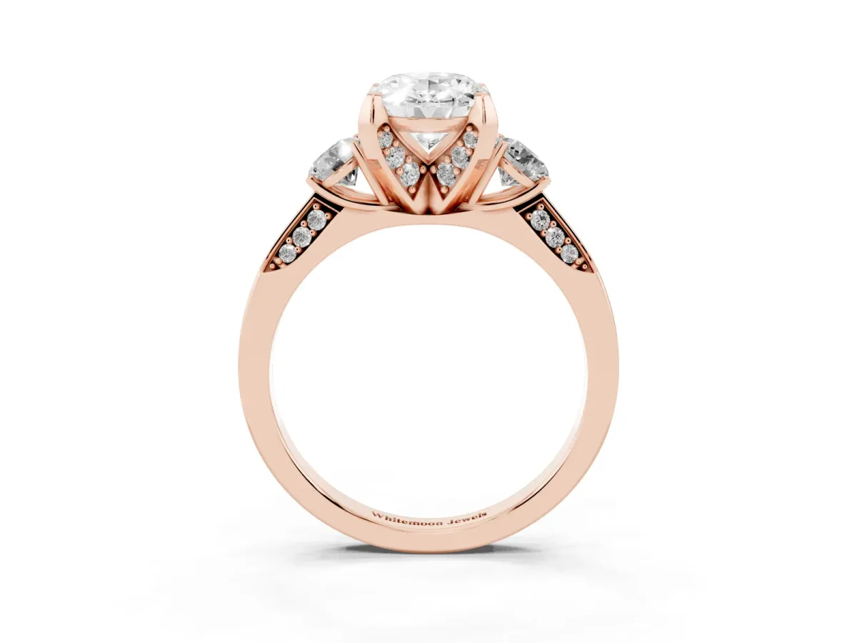 Oval Cut Brilliant Three-Stone Diamond Ring with Pavé Band and Four-Prong Setting Rose gold