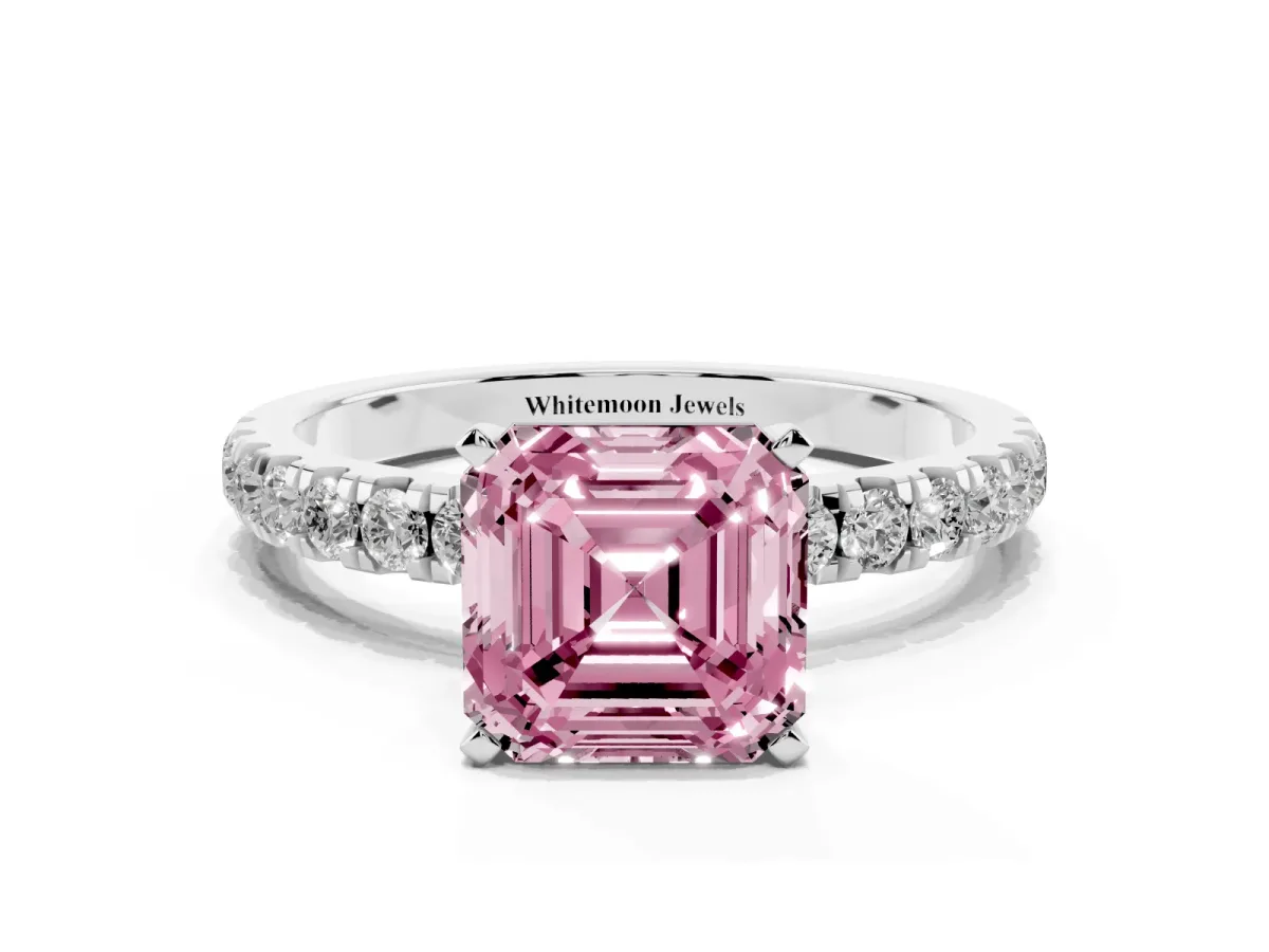 Fancy Pink Asscher Cut Diamond Solitaire Ring with Pavé Accents and Four-Prong Setting Platinum