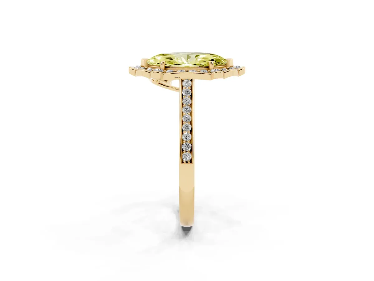 Fancy Yellow Marquise Cut Halo Round Diamond Pave Band with Four-Prong Setting Yellow gold