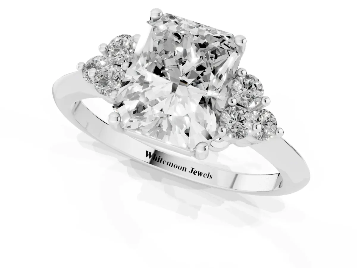 Radiant Cut Cut Diamond Cluster Ring with Solitaire Band and Four-Prong Setting Silver