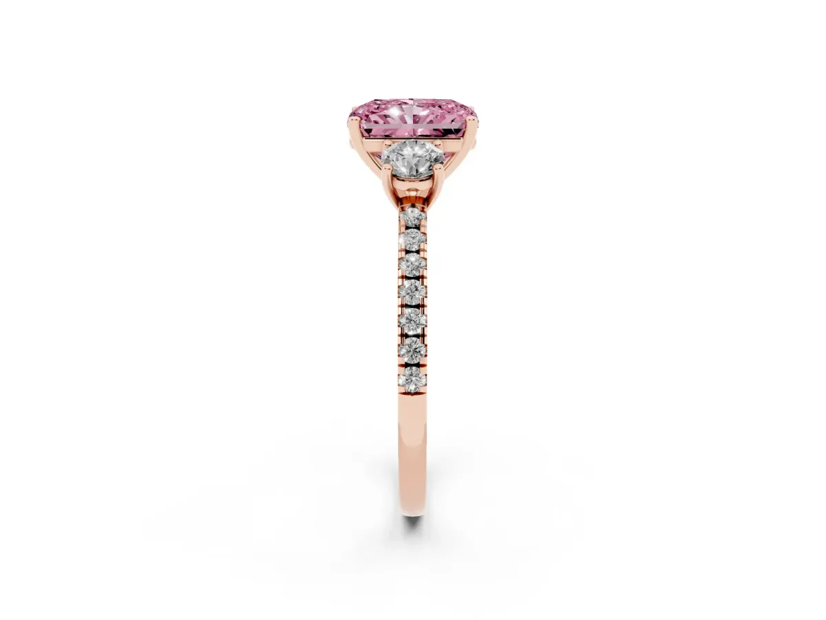 Fancy Pink Three-Stone Radiant Cut Cut Diamond Pavé Band with Prong Setting Rose gold
