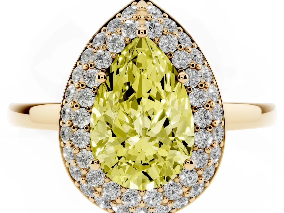 Fancy Yellow Pear Cut Halo Diamond Engagement Ring with Solitaire Band and Four-Prong Setting Yellow gold