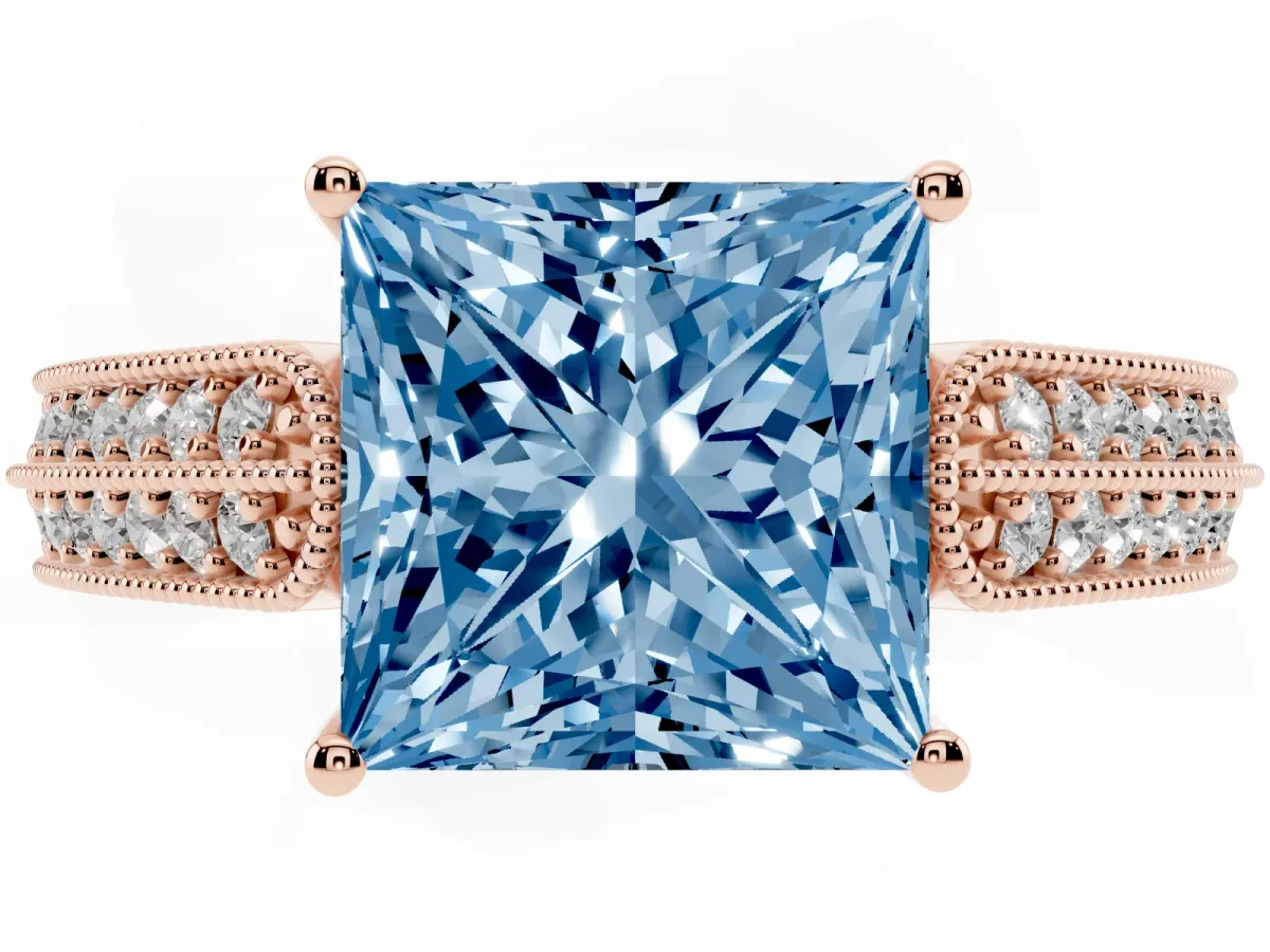 Fancy Blue Princess Cut Cut Pave Split Shank Engagement Ring with Four-Prong Setting Rose gold