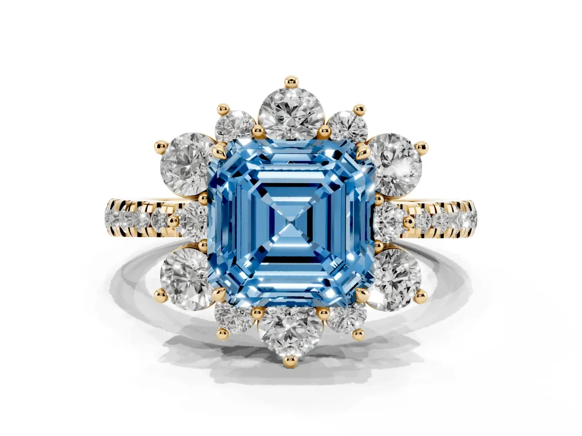 Fancy Blue Asscher Cut Diamond Floral Halo Ring with Round Pavé Band and Prong Setting Yellow gold