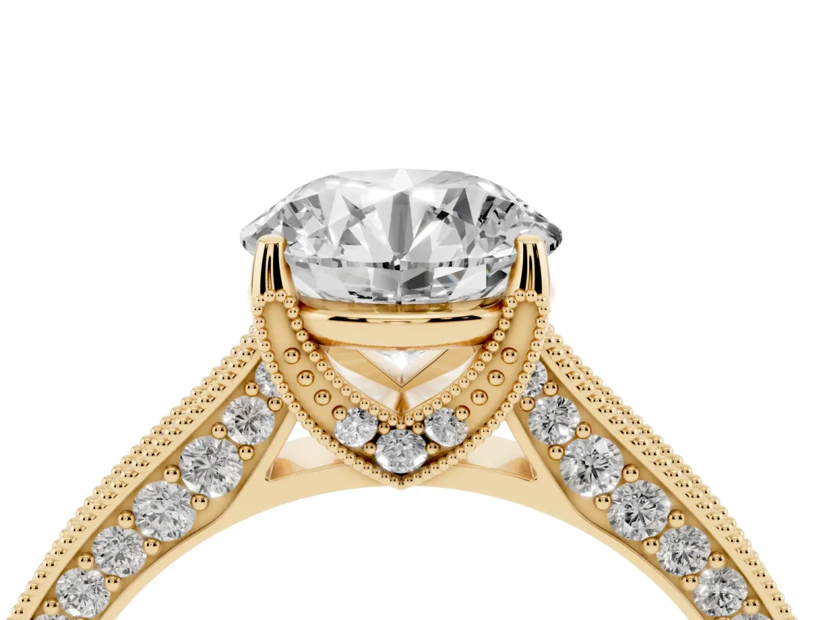 Round Cut Cut Diamond Solitaire Ring with Milgrain Pave Band and Four Prong Setting Yellow gold