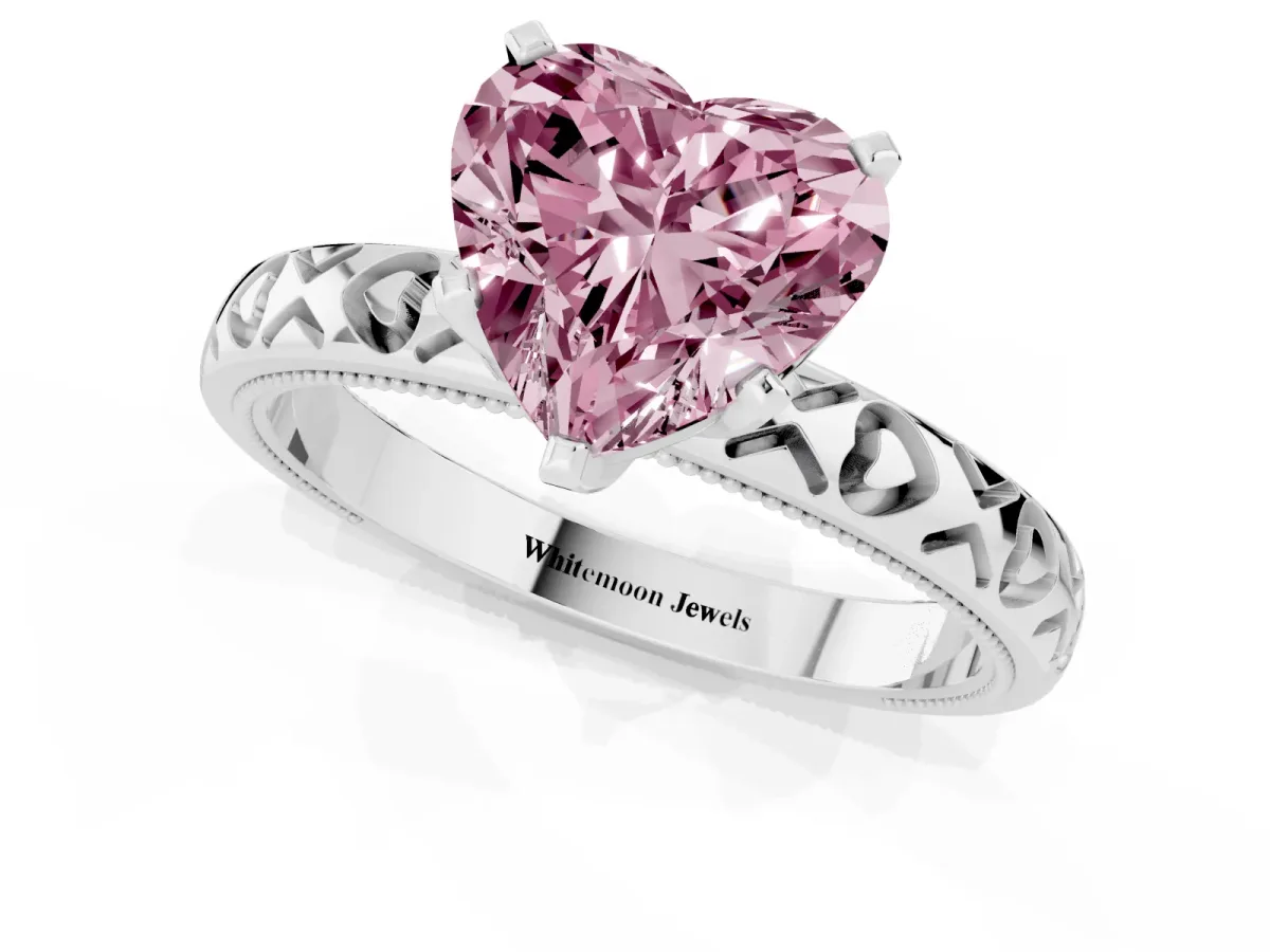 Fancy Pink Heart Cut Solitaire Diamond Engagement Ring with XO Engraved Band and Four-Prong Setting White gold