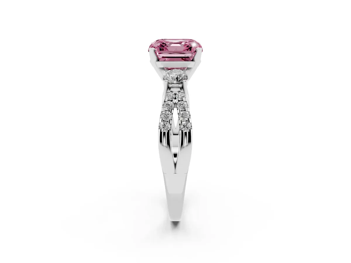 Fancy Pink Asscher Cut Diamond Three-Stone Ring with Pavé Split Shank and Four-Prong Setting Platinum