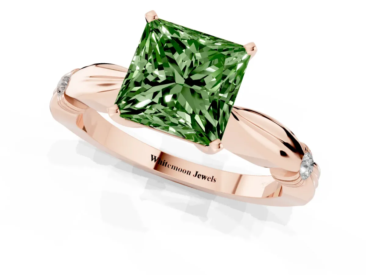 Fancy Green Princess Cut Solitaire Diamond Twisted Band with Four-Prong Setting Rose gold