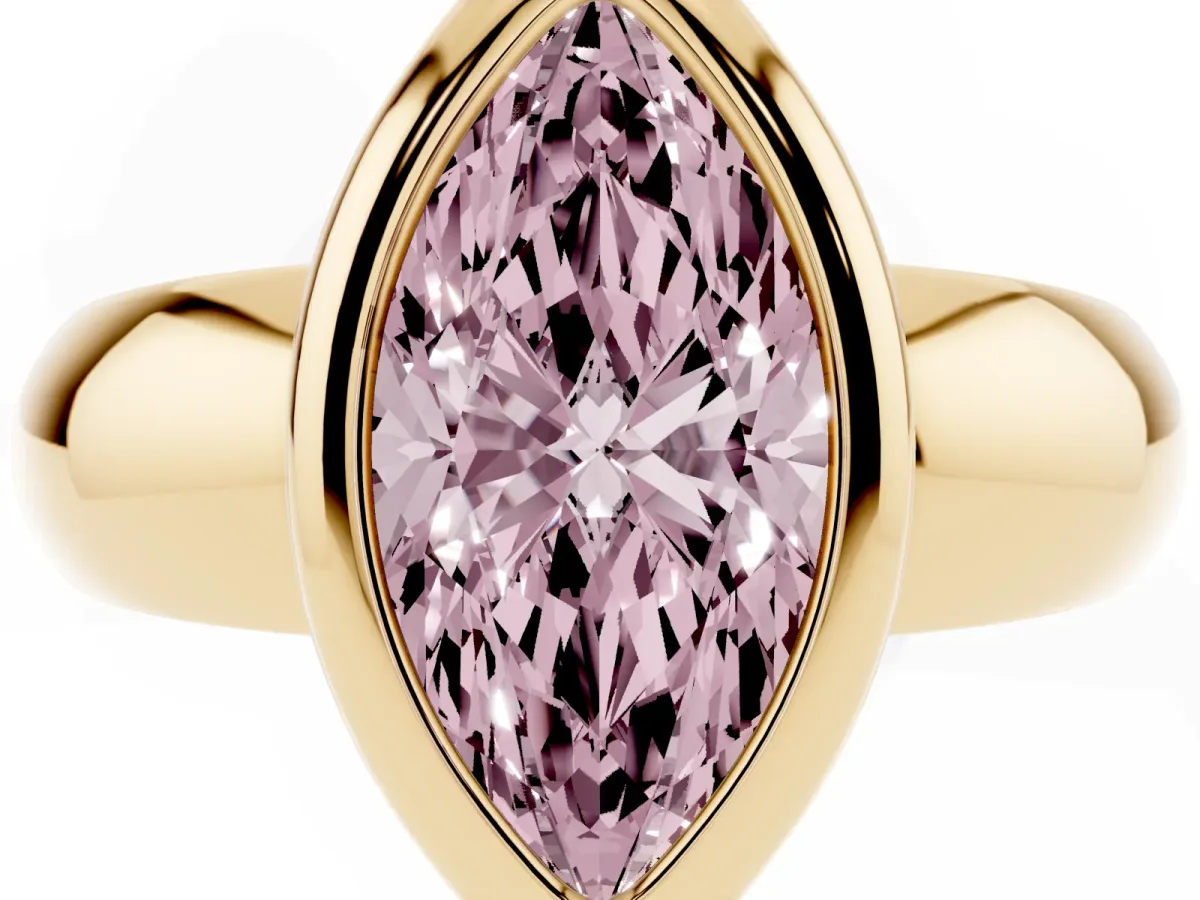 Fancy Pink Bezel Set Marquise Cut Solitaire Ring with Wide Band Yellow gold