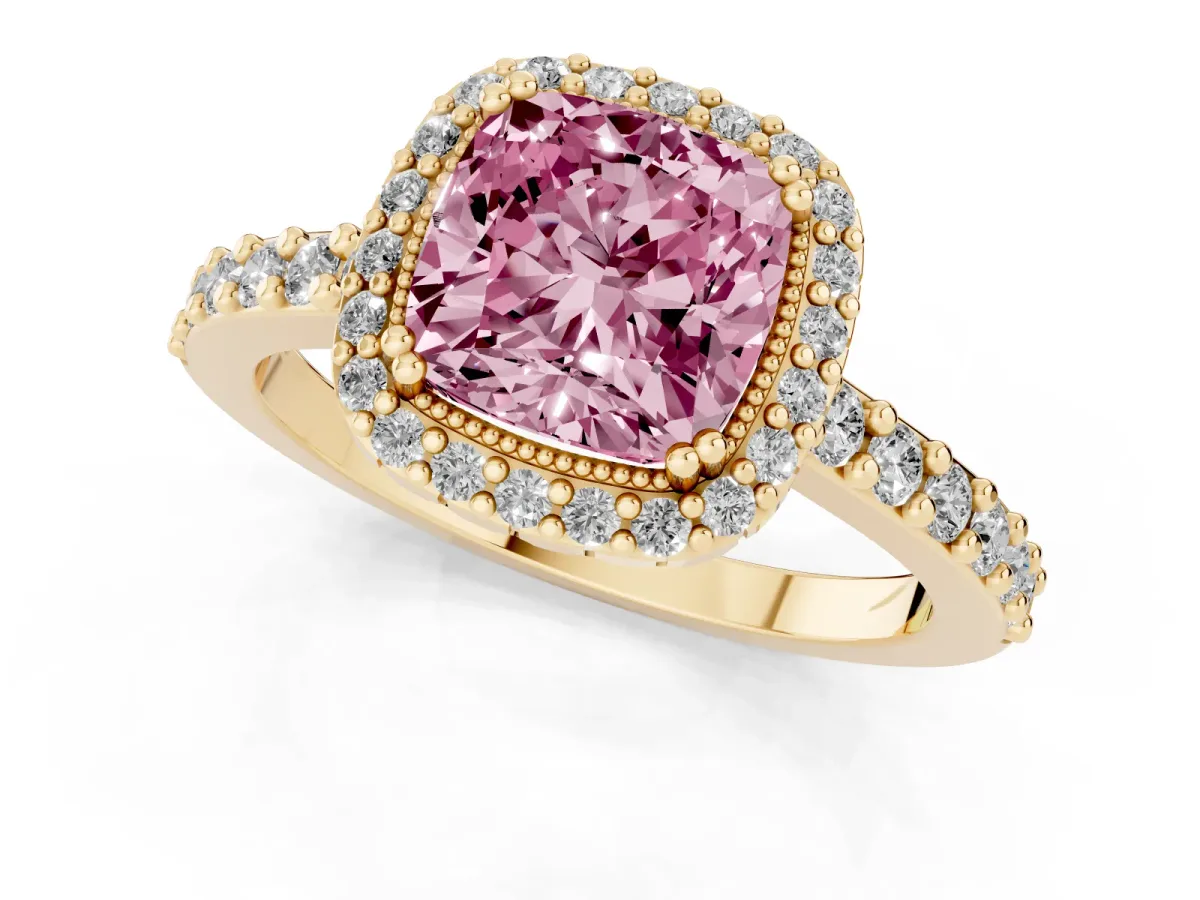 Fancy Pink Cushion Cut Cut Diamond Halo Engagement Ring with Milgrain Detail and Pavé Band Yellow gold
