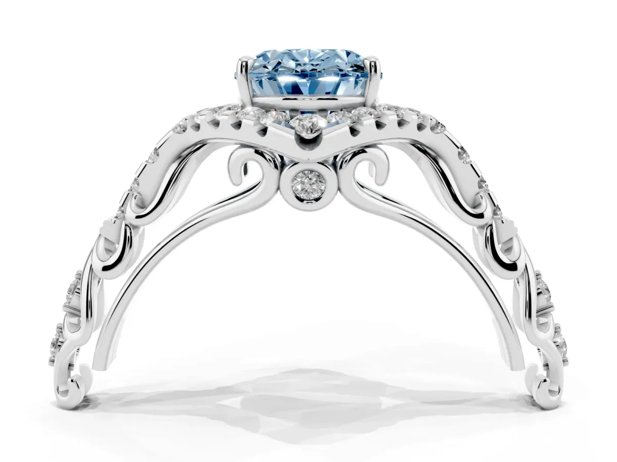 Fancy Blue Oval Cut Diamond Solitaire Ring with Hidden Halo and Pavé Band Platinum
