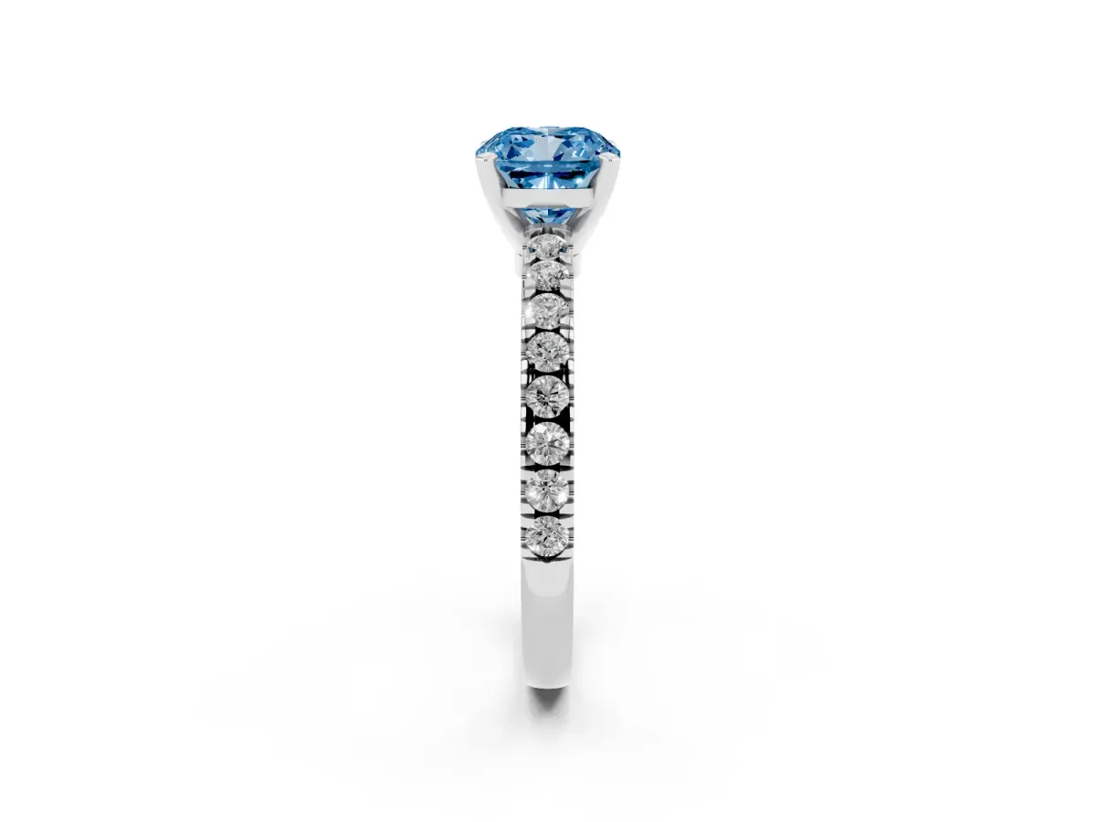 Fancy Blue Cushion Cut Solitaire Diamond with Pavé Band and Four-Prong Setting Silver