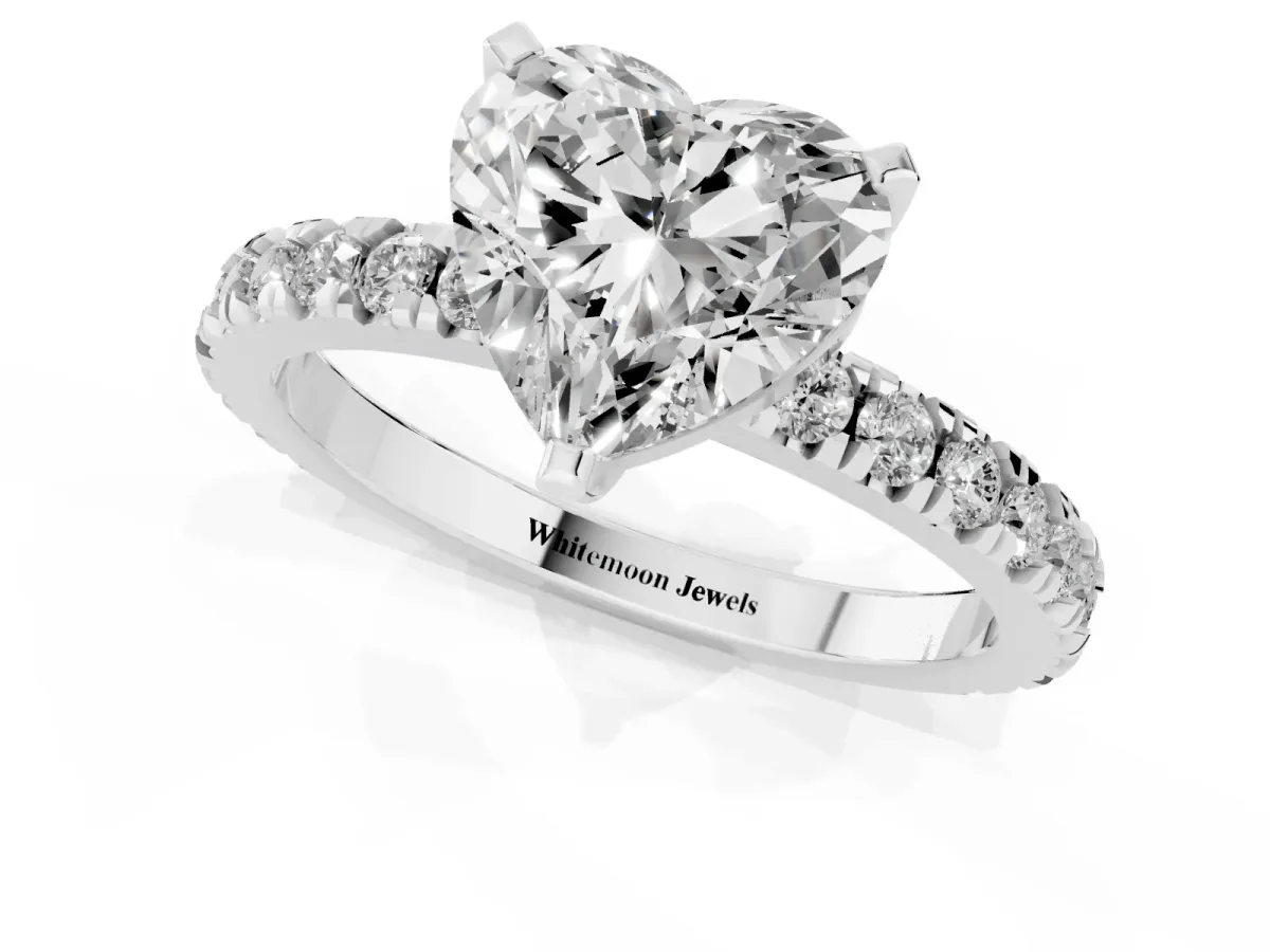 Heart Cut Diamond Pavé Band Solitaire with Four-Prong Setting Silver