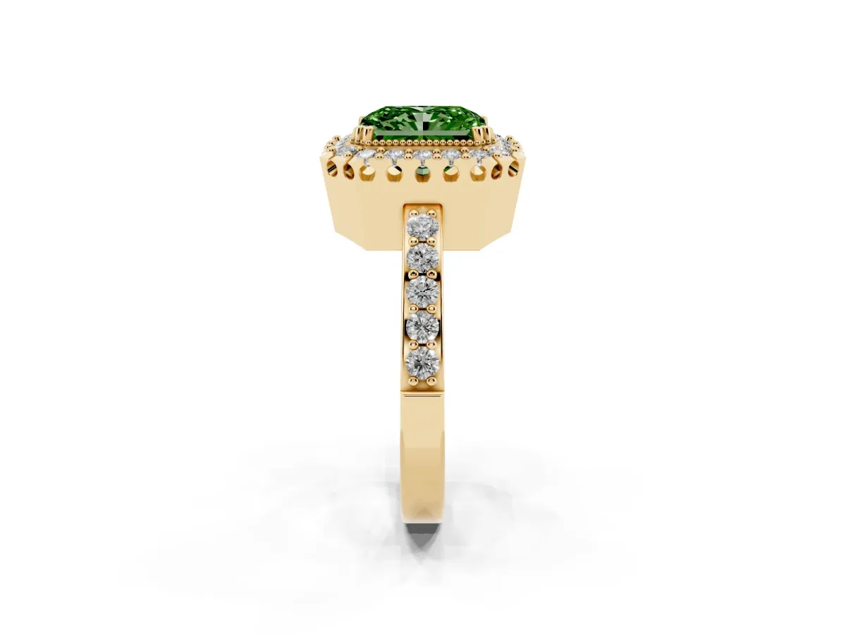 Fancy Green Radiant Cut Diamond Halo Ring with Pavé Band and Prong Setting Yellow gold