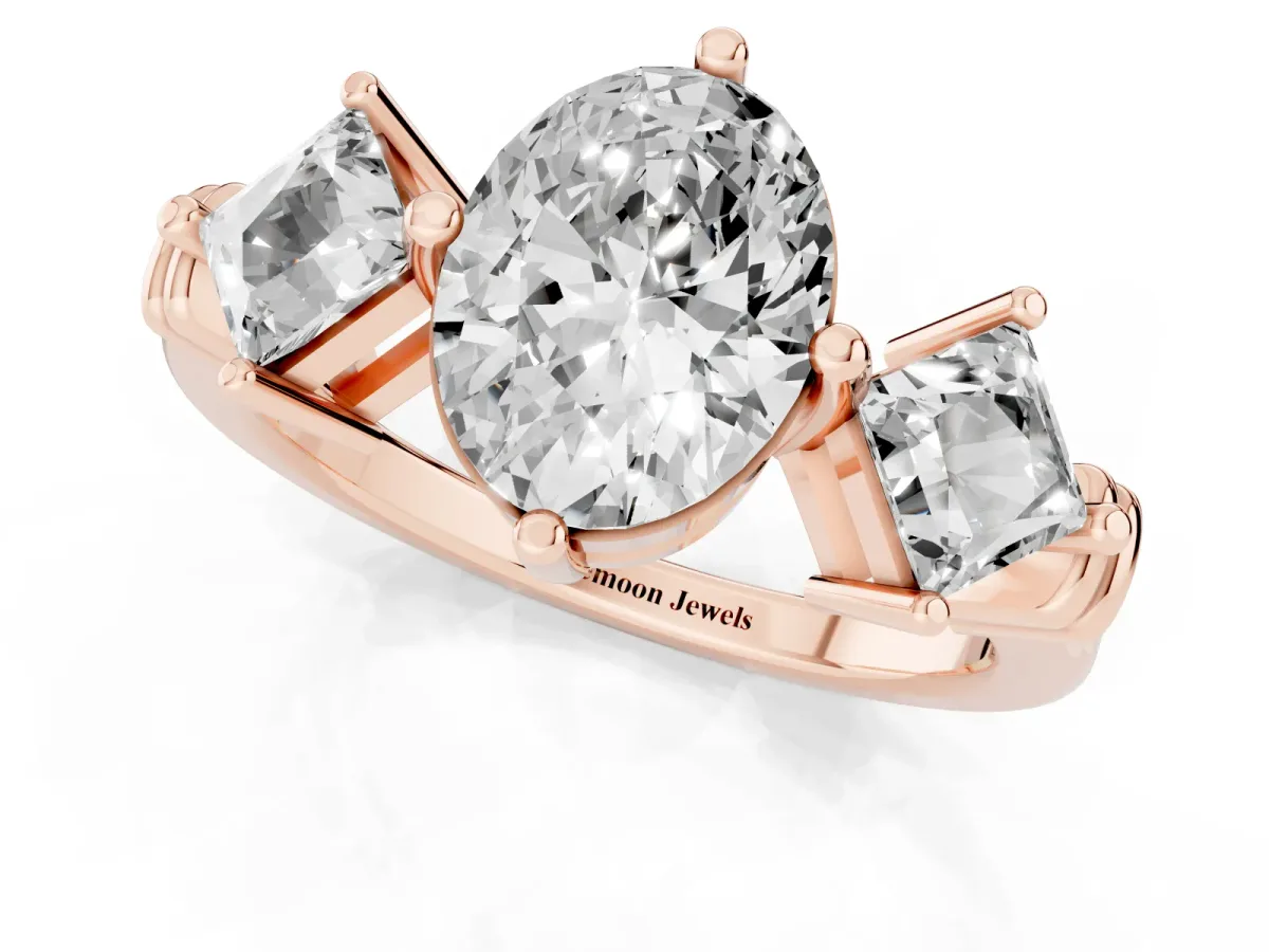 Three-Stone Oval Cut and Princess Cut Diamond Ring with Channel Band and Four-Prong Setting Rose gold