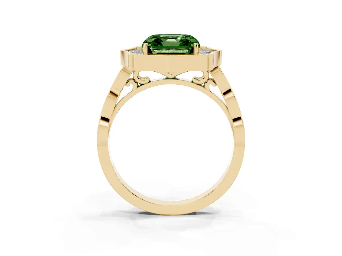 Fancy Green Asscher Cut Halo Diamond Engagement Ring with Milgrain Band and Four-Prong Setting Yellow gold