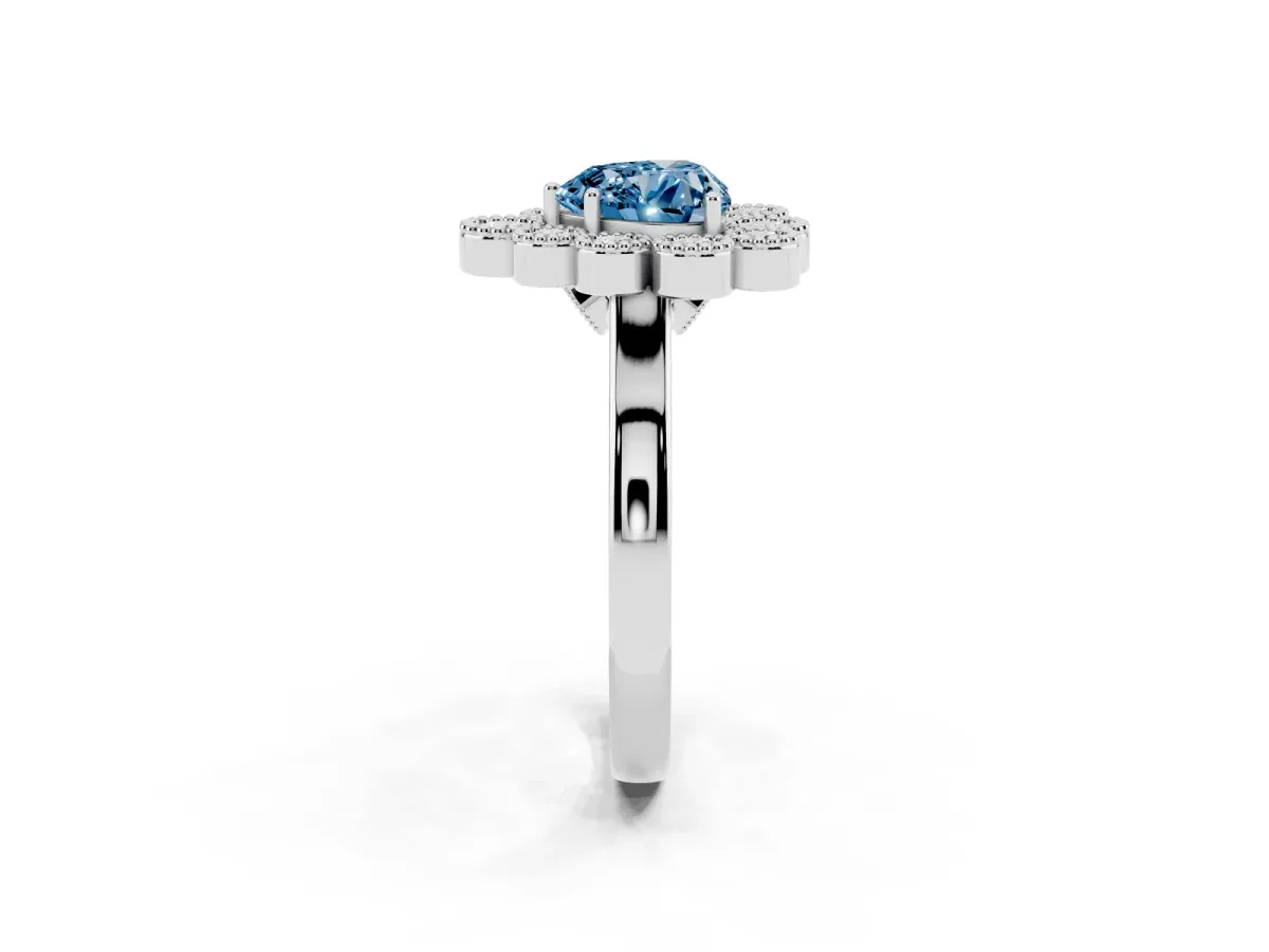 Fancy Blue Heart Cut Halo Diamond Cluster Engagement Ring with Milgrain Bezel Setting and Solitaire Band Platinum