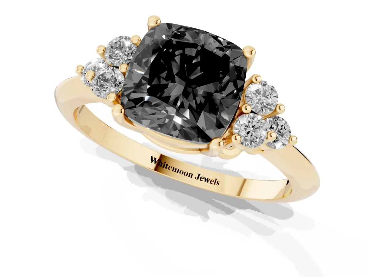 Fancy Black Cushion Cut Cut Diamond Cluster Ring with Solitaire Band and Four-Prong Setting Yellow gold