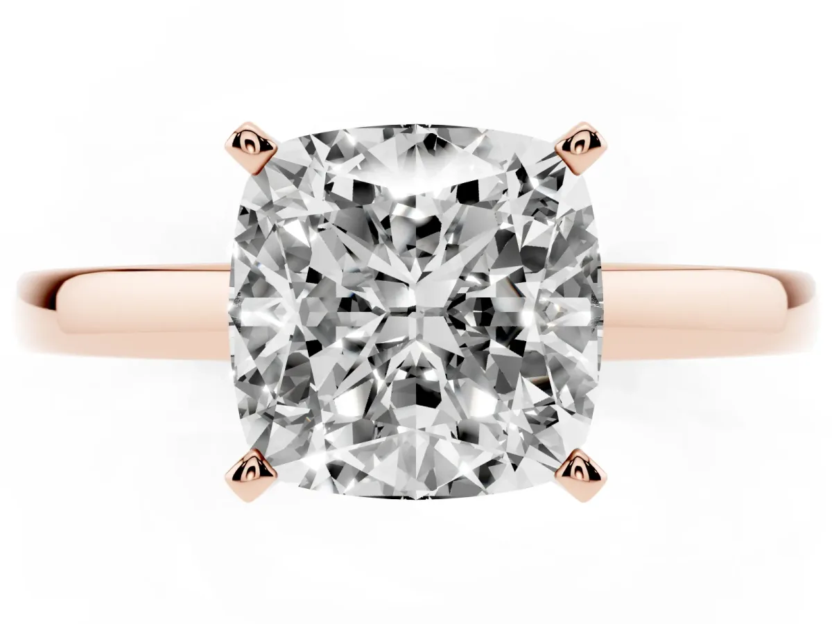 Cushion Cut Solitaire Diamond Engagement Ring with Four-Prong Setting on a Classic Band Rose gold