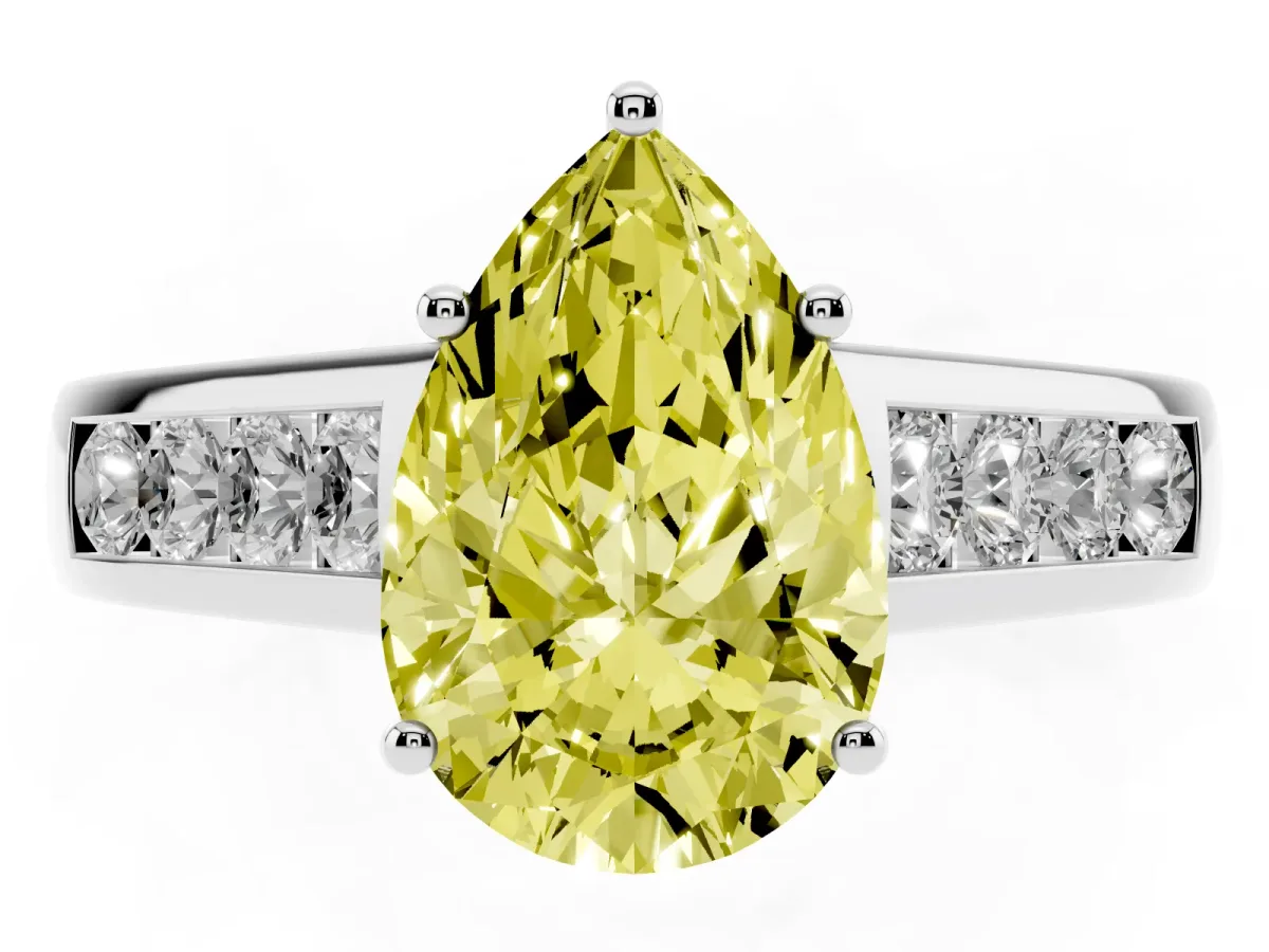 Fancy Yellow Pear Cut Solitaire Channel-Set Diamond Engagement Ring with Four-Prong Setting Platinum