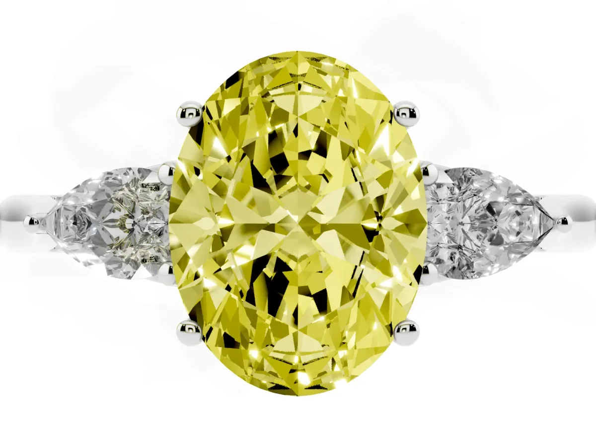 Fancy Yellow Three-Stone Oval Cut Brilliant Diamond Solitaire Ring with Tapered Band and Four-Prong Setting Silver