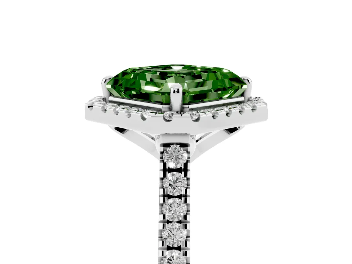 Fancy Green Asscher Cut Diamond Cushion Halo Ring with Pavé Band White gold