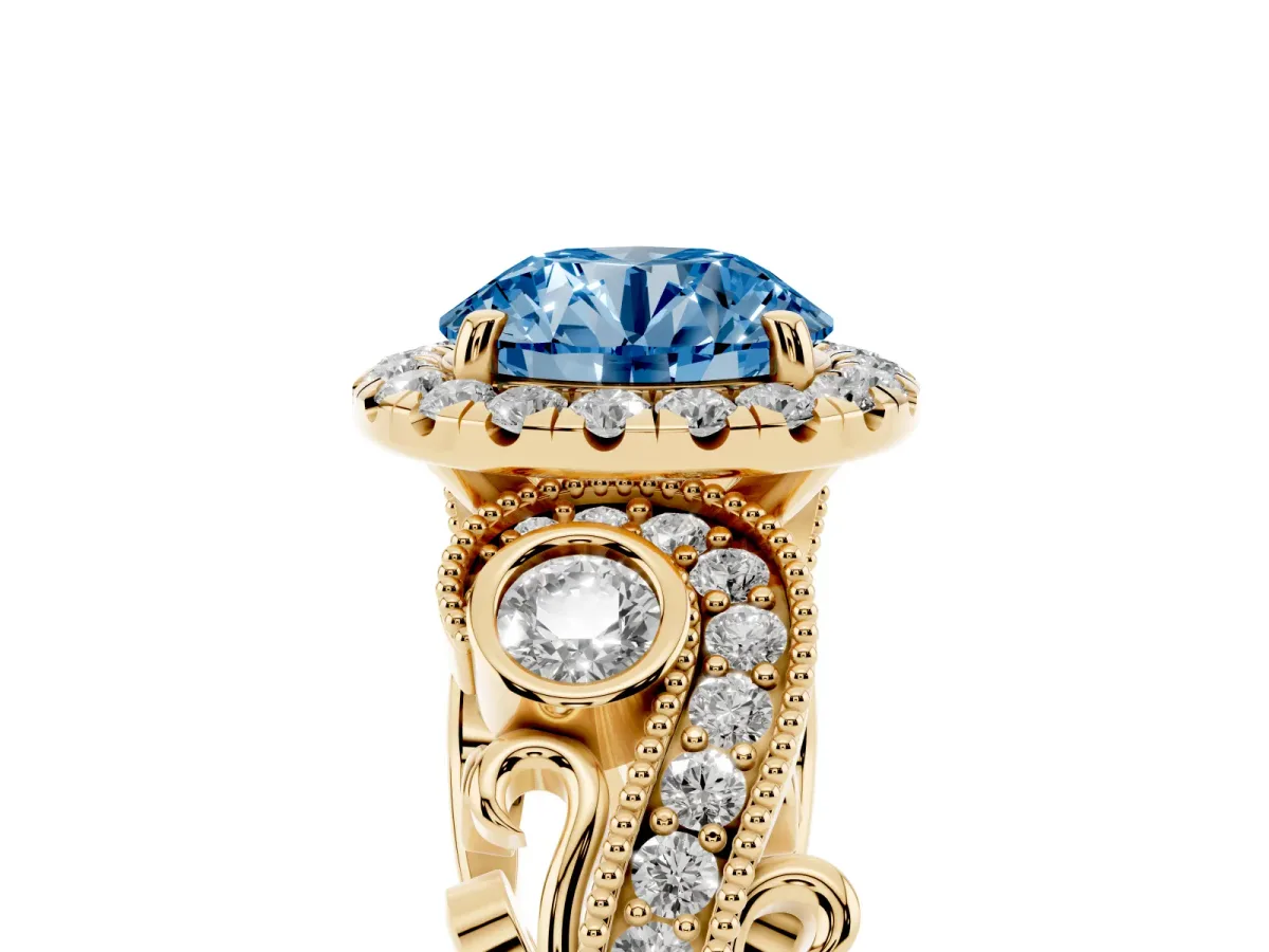 Fancy Blue Round Cut Diamond Halo Ring with Milgrain Pavé Band and Four-Prong Setting Yellow gold