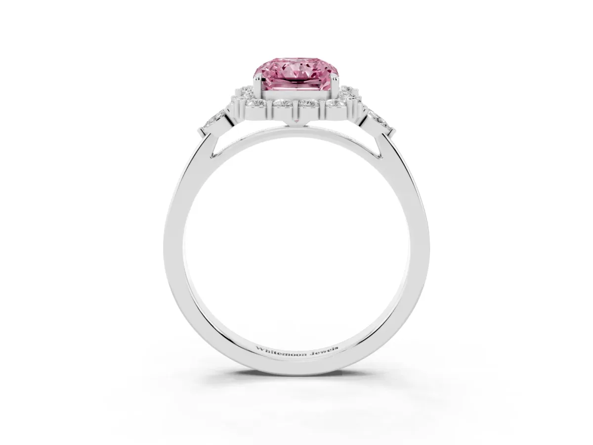 Fancy Pink Radiant Cut Diamond Halo Ring with Pear Side Stones and Prong Setting Silver