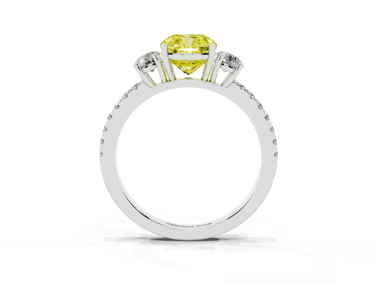 Fancy Yellow Three-Stone Cushion Cut Cut Diamond Pavé Band with Prong Setting Silver