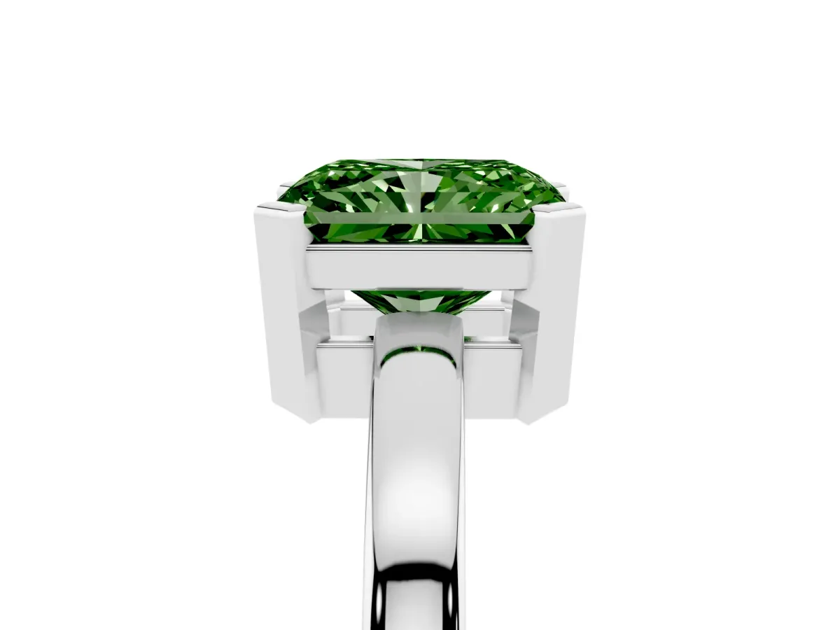 Fancy Green Radiant Cut Cut Solitaire Ring with Four-Prong Setting and Classic Band Silver