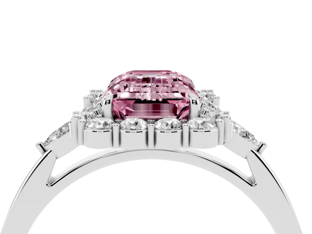 Fancy Pink Emerald Cut Diamond Halo Ring with Pear Side Stones and Prong Setting Silver