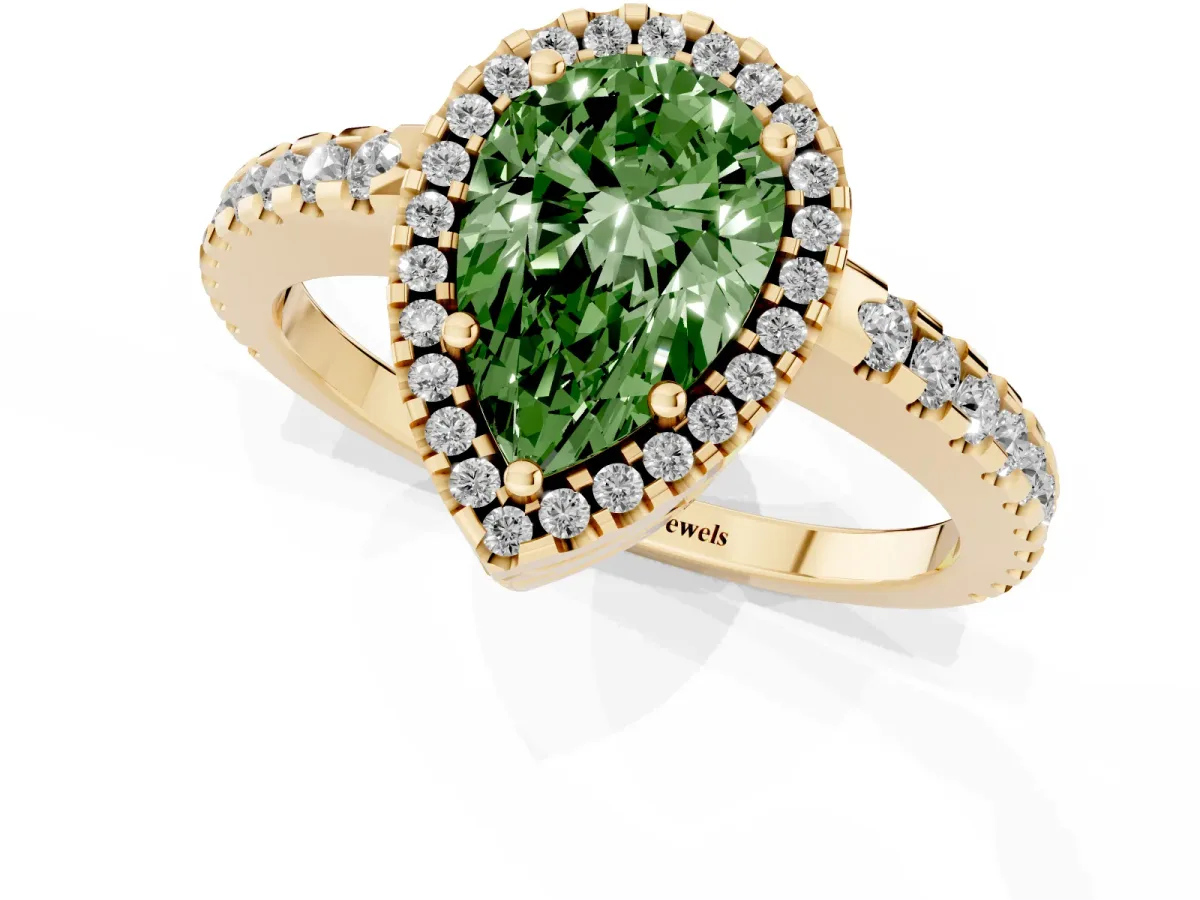 Fancy Green Pear Cut Diamond Halo Engagement Ring with Pavé Band and Prong Setting Yellow gold