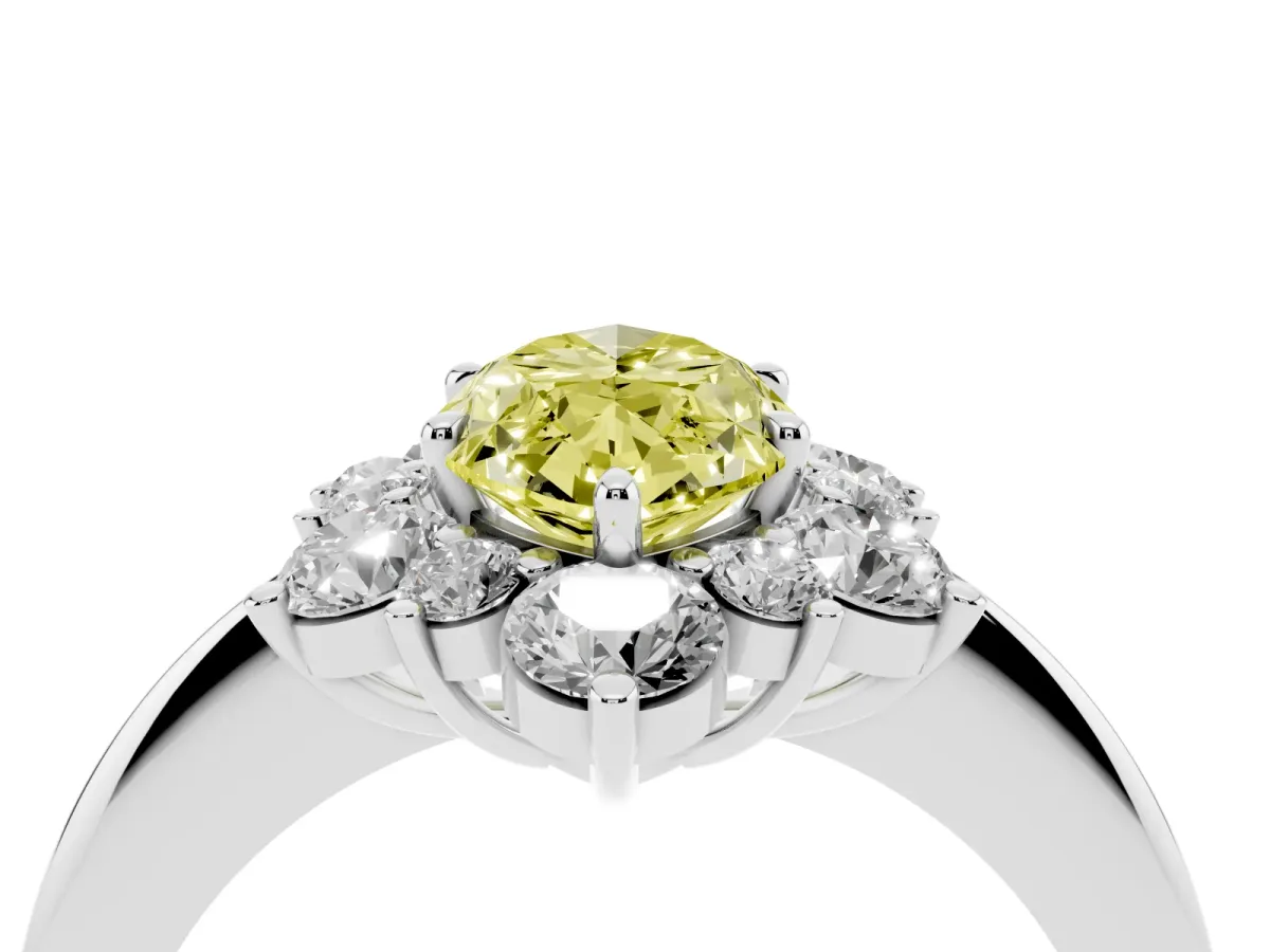Fancy Yellow Marquise Cut Diamond Cluster Halo Ring with Solitaire Band and Four-Prong Setting Silver