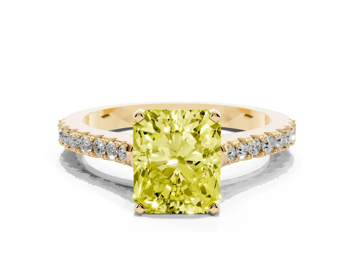 Fancy Yellow Radiant Cut Cut Solitaire Diamond Engagement Ring with Pave Band and Four-Prong Setting Yellow gold