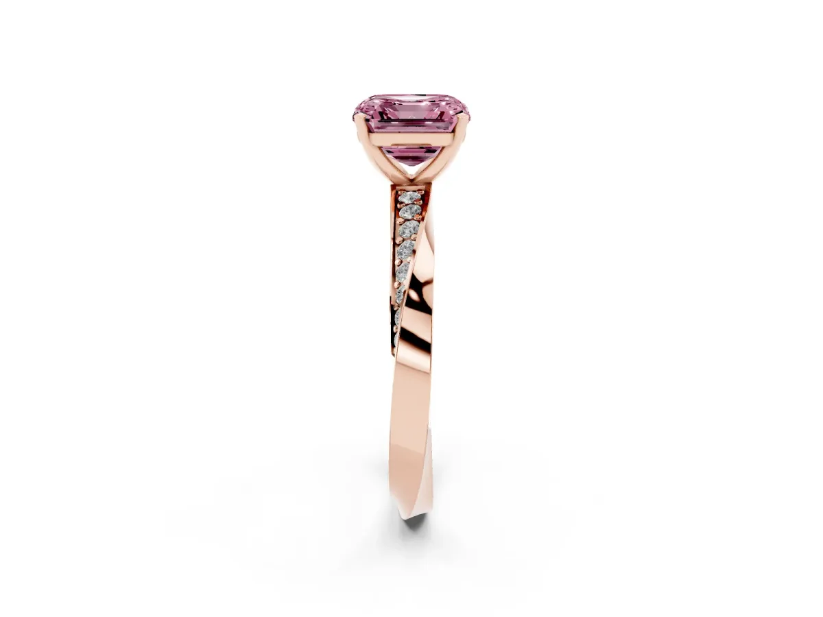 Fancy Pink Asscher Cut Diamond Engagement Ring with Side Stone Accents and Four-Prong Setting Rose gold