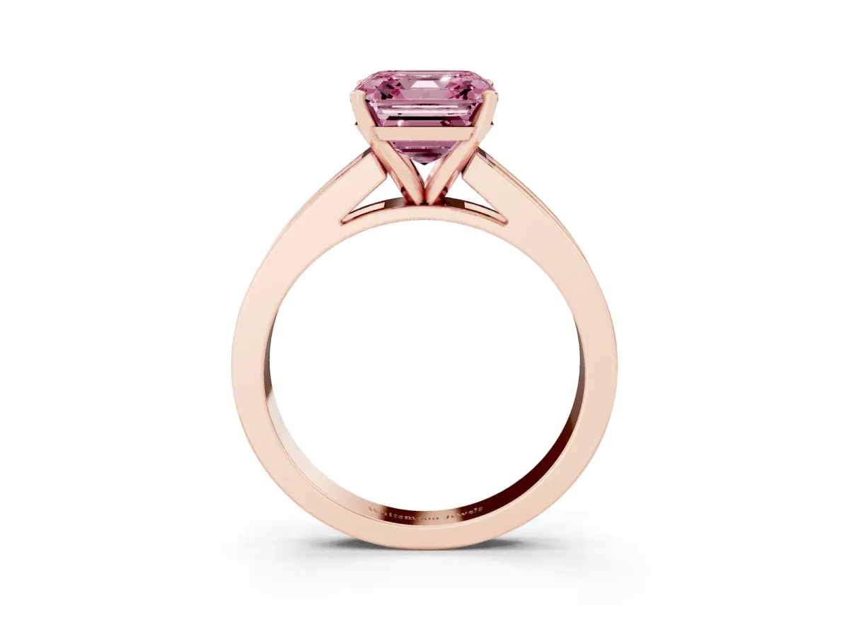 Fancy Pink Asscher Cut Solitaire Diamond Ring with Channel-Set Band and Four-Prong Setting Rose gold