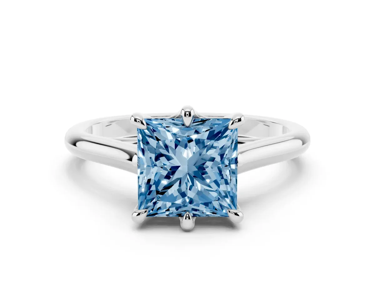 Fancy Blue Princess Cut Solitaire Engagement Ring with Six-Prong Setting and Classic Band Platinum